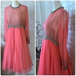 Vtg 60s Pink Flowy Rhinestone Embellished Party Dress, S/M, Party, Holiday